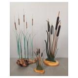 3 artisan cattail sculptures incl signed copper &