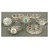 7 fancy sterling silver rings s/w cz