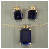 14K gold pendant necklace & earrings s/w blue