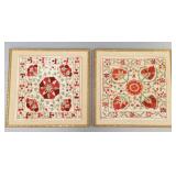 2 framed Suzani (?) embroidered textiles- 19 3/4"H