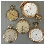 5 pocket watches incl Waltham, Elgin, hunting case