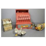 4 vintage tin, etc. toys incl wind-up birds, dime