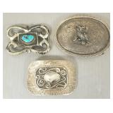 3 silver belt buckles- 1 marked sterling- 3 1/2" x