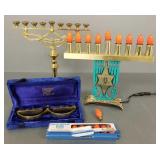 3 vintage, etc. brass menorahs incl electrified,