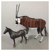 2 animal figures incl cast iron horse & a glass