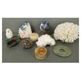 Gp carved stone items & 2 pcs coral incl owl