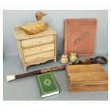 Group wood, etc items incl doll chest, humidor,
