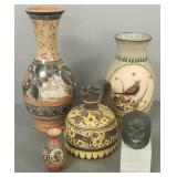 4 pcs ethnic pottery & one small bronze