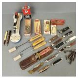 Group small collectibles incl knives, tins,