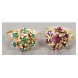 2- 14K gold rings: 1 w/ rubies & 1 w/ emeralds-