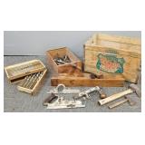 Group tools in wood crate incl Stanley,
