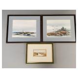 3 signed watercolors- seascapes, etc- framed