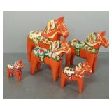 5 Swedish Dala horses w/ labels- 8" tallest