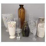 11 assorted vases incl art glass, pottery, Lenox,