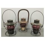 3 railroad lanterns w/ red globes incl one w/
