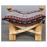 Wooden camel saddle w/ woven cushion 22"H