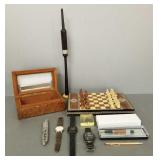 Group incl burl wood humidor, practice chanter,