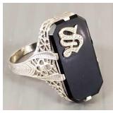 Vintage 14K white gold filigree initial ring-
