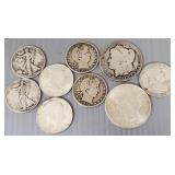 9 U.S. silver coins 2 silver dollars, 7 silver