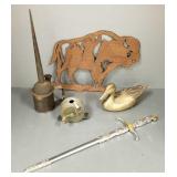 Gp metal items incl buffalo, oil can, brass duck,