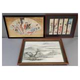 3 Asian prints, etc- framed largest 25"H 33"W OD