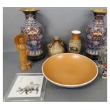 Group Asian, etc items incl two 12"H cloisonne