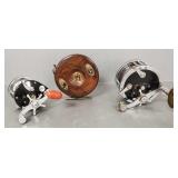 3 vint. reels incl Penn #49,l wooden & brass reel