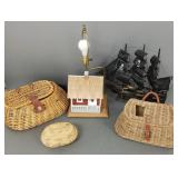 5 decorative items: fishing creels, house lamp,