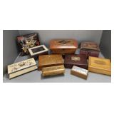 10 asst. wooden, etc. jewelry boxes- 8"H 15"W