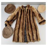 Vintage raccoon? fur coat & 3 hats incl Kangol-