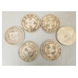 6 silver asst. Asian coins