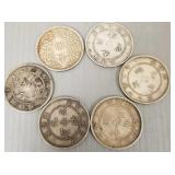 6 silver asst. Asian coins