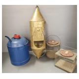 4 fishing, etc. items incl early minnow bucket,