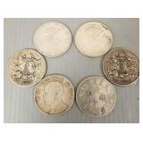 6 silver Asian one dollar, etc. coins