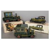 3 tin toy cars w/ 2 boxes incl windup coupe