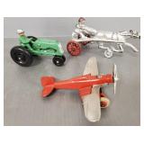 3 vintage cast iron toys: tractor, airplane &