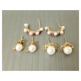 3 pair tested 14K gold, pearl, ruby earrings- 5.2g