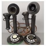 2 antique candlestick phones w/ rotary dials
