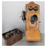 2 telephones: German WWII phone in case 10.5'L &