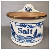 Antique stoneware blue decorated salt box (wood