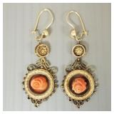 Pair Victorian tested 14K gold & coral earrings