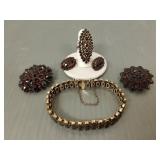 5 pcs vintage Bohemian garnet jewelry: 2 pins,