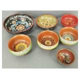 7 rosemaled wood bowls- 3 dated 1949- 7 3/4'