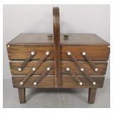 Wooden folding sewing box w/ handle w/ spools