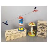 2 vintage tin wind-up toy Aeroplane Whirlers w/