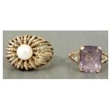 2- 10K gold rings s/w pearl & amethyst- 6.6g;