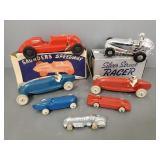 7 vintage toy race cars incl Marx wind-up, rubber,