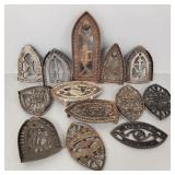 12 antique & vintage advertising cast iron trivets