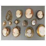 12 antique & vintage cameos- some sterling silver