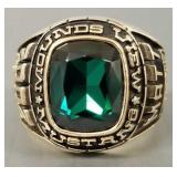 14k gold class ring s/w green stone- 19g, sz 9,